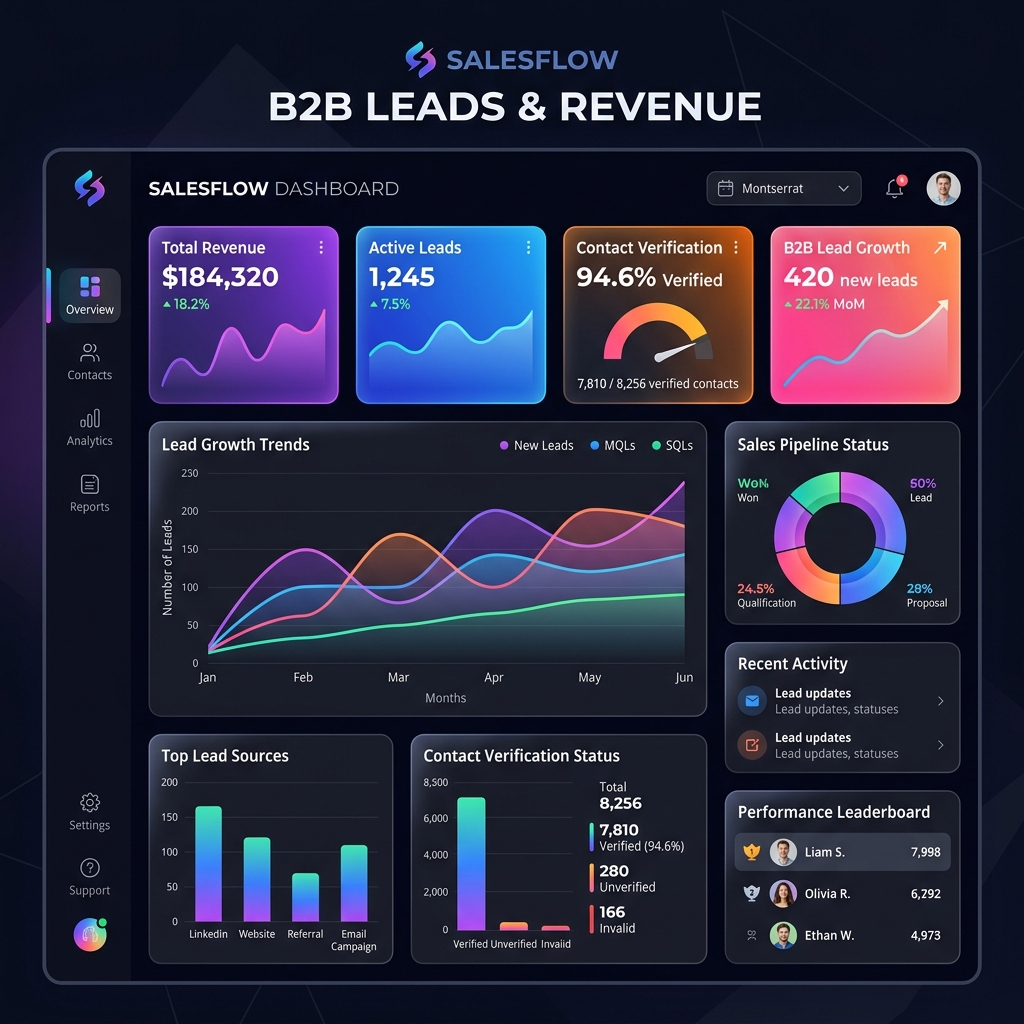 SprintMetric verified B2B sales leads dashboard mockup